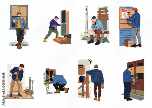 Konstfotografi Set of illustrations depicting various scenes of house foreclosure, property abandonment, eviction, and home security measures on boarded-up buildings