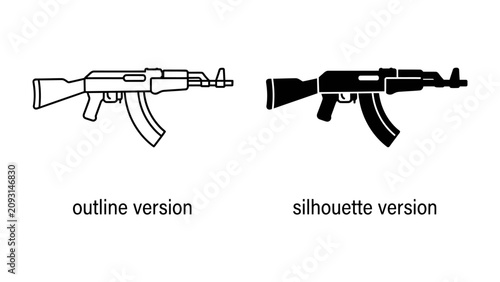 Foto Assault Rifle Icon Set: A collection of two iconic assault rifle representations, one in a clean outline and the other as a bold silhouette, perfect for graphic design and illustrative purposes