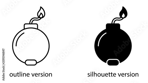 Foto Explosive Danger: A graphic illustration depicting two stylized bombs, one in outline and the other in silhouette, both with a lit fuse, symbolizing threat and imminent danger