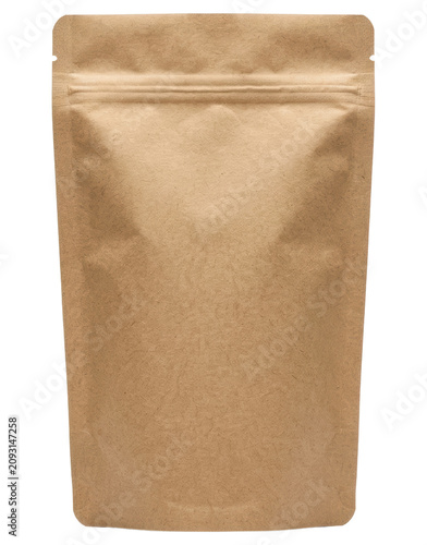 Brown kraft paper stand up pouch bag cutout on transparent background