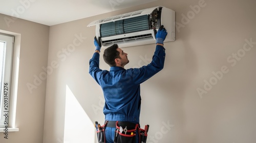 A technician in a blue uniform repairs or installs a wall-mounted air conditioning unit in a bright room.