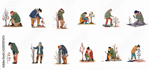Cuadro en lienzo Set of illustrations depicting environmental researchers and scientists expressing grief and despair over the devastating impact of climate change and dying trees