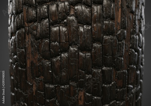 Macro close-up of a charred burnt wooden log with cracked bark and deep textured grooves revealing dark carbonized surface after fire