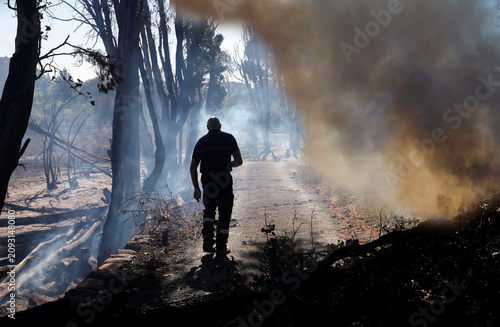 Konstfotografi A firefighter walks through the scorched and smoldering landscape following a devastating wildfire near Ille-sur-Tet close to Perpignan in southern France