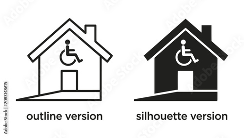 Accessible Building Icon: Two icons, one outlined and one silhouetted, depict a building with a ramp and the international symbol of access, representing accessibility for people with disabilities.