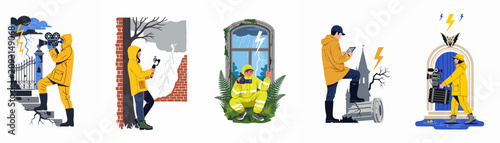 Obraz na plátně Set of illustrations depicting storm chasers and videographers capturing extreme weather, lightning strikes, and abandoned ruins in protective yellow raincoats