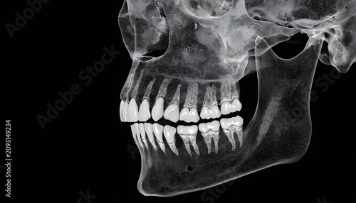 3d rendering of human skull with teeth side view