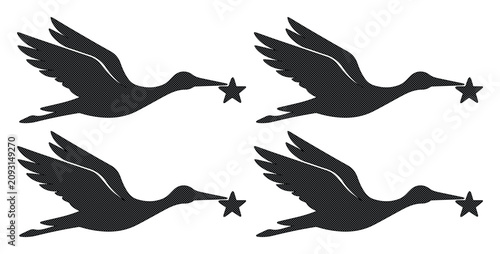 Foto Flying bird silhouette vector set, elegant black waterfowl carrying a star, grac