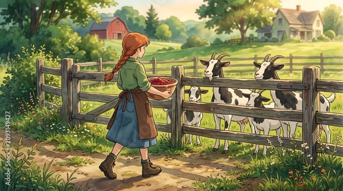 Young farm girl with braids holding a bowl of fresh berries walking toward grazing goats