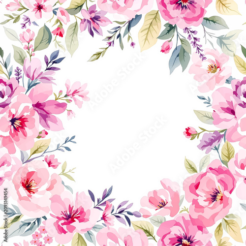 Beautiful watercolor floral composition framing empty white space with elegant spring garden flowers and greenery