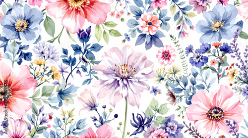 Hand painted botanical flowers creating soft watercolor frame with blank white center for premium stationery