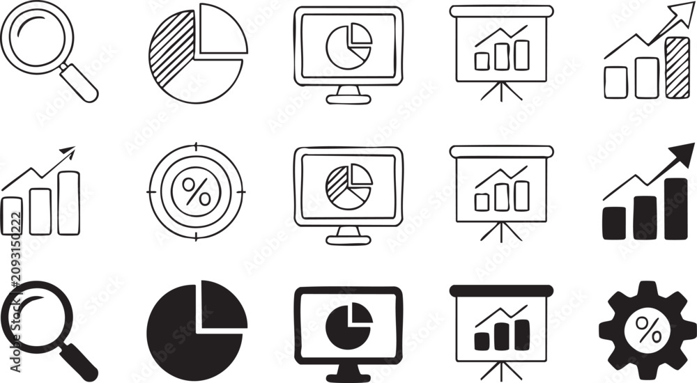 Fototapeta premium Data visualization outline icon collection featuring dashboards, pie charts, percentage targets, reports, and business performance analytics