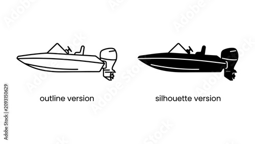 Photos Speedboat Outline and Silhouette: Two distinct representations of a sleek speedboat, one presented as a clean outline and the other as a bold silhouette, showcasing its modern design