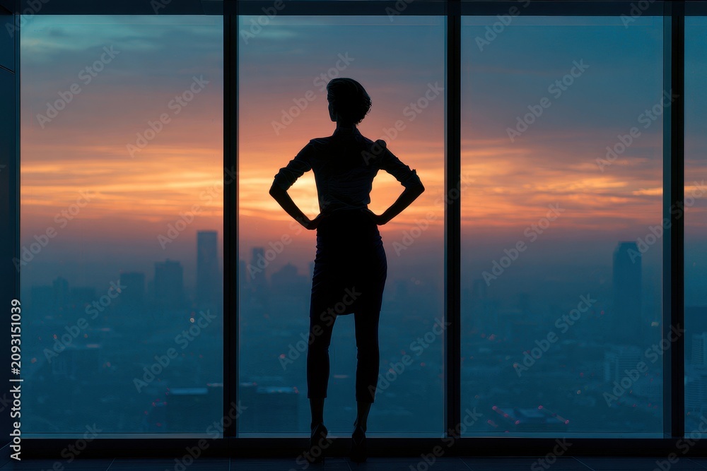Obraz premium Silhouette of a confident businesswoman standing with hands on hips looking out of a highrise window at sunset