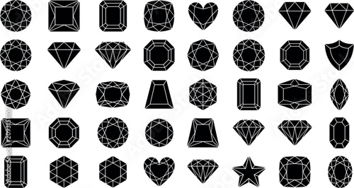 Tableau sur toile Diamond and precious gemstone cuts icon set featuring black solid silhouettes wi