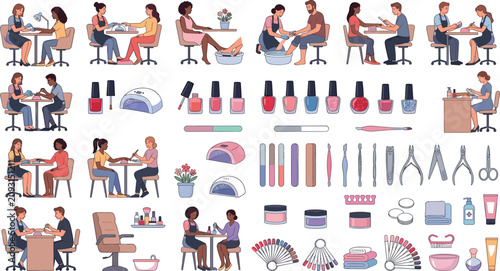 Foto Professional manicure and pedicure salon set containing diverse characters getti