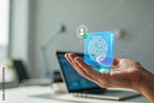 Biometric Fingerprint Authentication Interface Above Hand, Digital Identity Security Concept