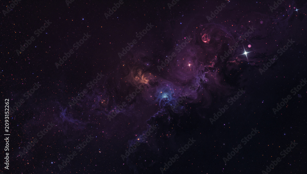 Fototapeta premium 深遠なダークネイビーと紫の空間に、カラフルな光の塵と星々がまたたく宇宙背景