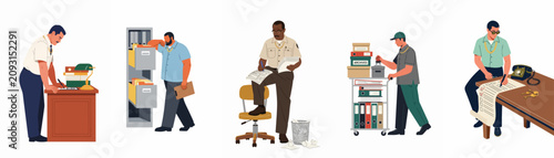Obraz na plátně Illustration of diverse men engaged in various administrative tasks, including filing, documentation, and archival work in an office setting