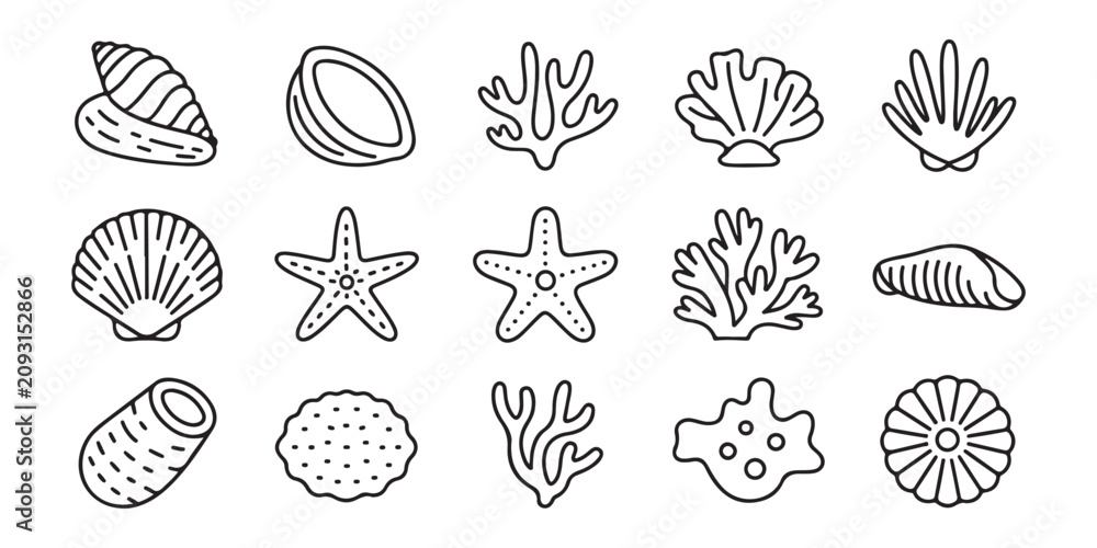 Fototapeta premium Set of thin line icons of sea shells, starfish, and coral reef elements on white background