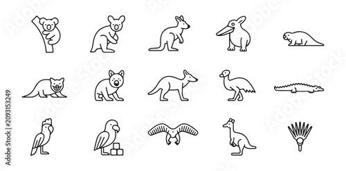 Canvas Print Australian animal line art icons set featuring kangaroo, koala, and platypus