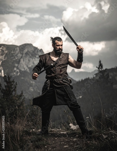 soldier, military, armed, person, warrior, 
swordsman, mountains, sky, clouds, landscape