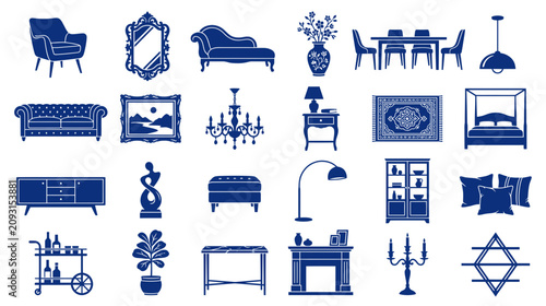 Foto Elegant Furniture and Home Decor Icons Set - Blue Silhouettes
