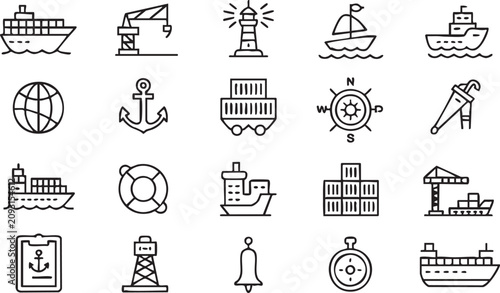 Maritime Logistics Outline Icons with Cargo Ships, Containers and Port Cranes