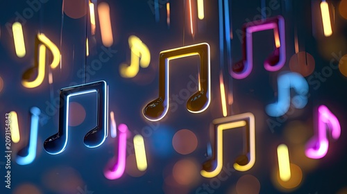 Neon musical notes float against a bokeh background of blurred lights