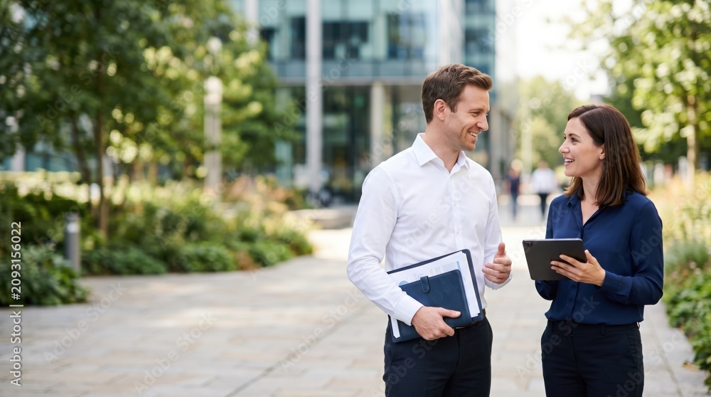 Fototapeta premium Two business colleagues walking and talking outdoors in a modern urban setting discussing work.
