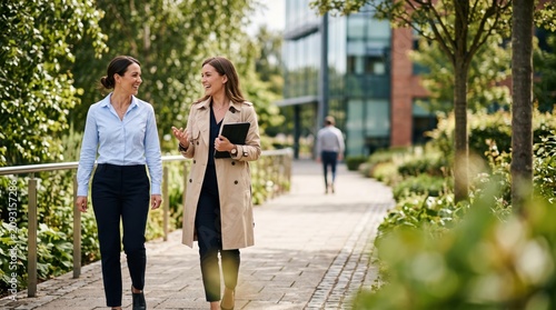 Two Businesswomen Walking and Talking Outdoors in a Modern Urban Environment.
