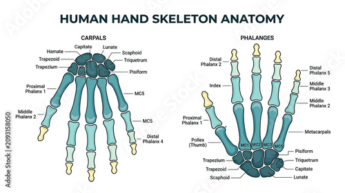 Fotografija Human Hand Skeleton Anatomy Diagram - Carpals, Metacarpals, Phalanges