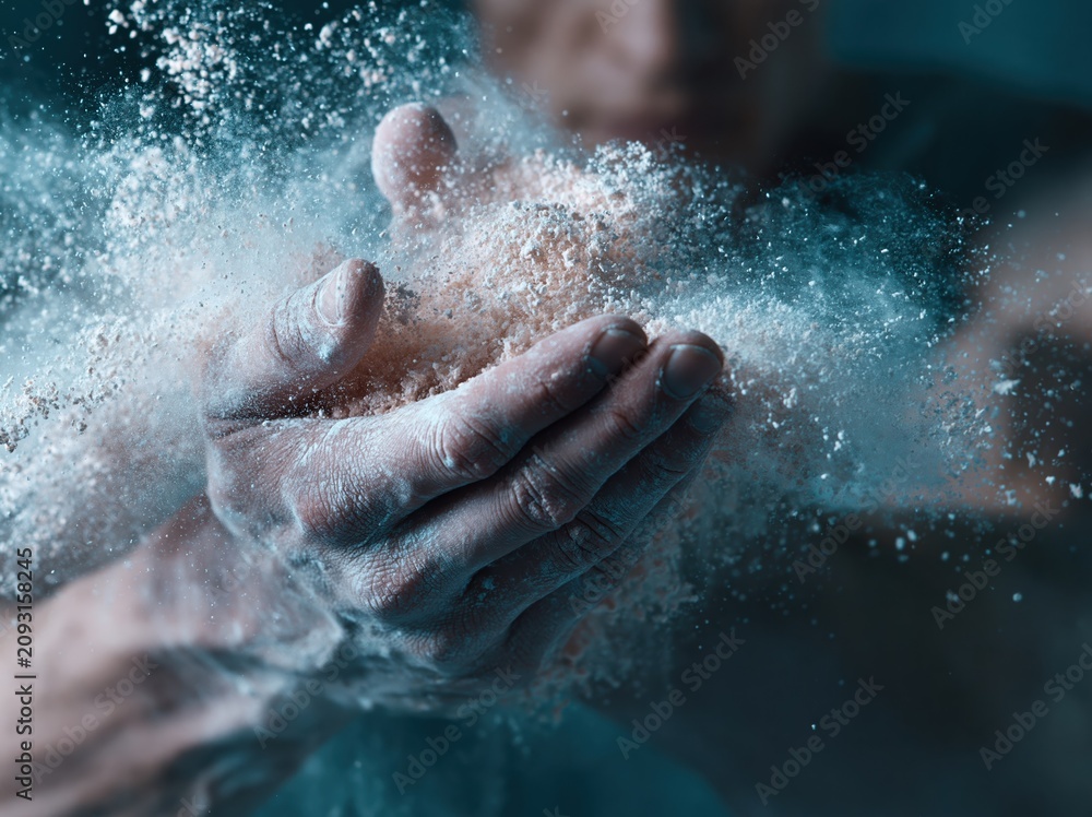 Fototapeta premium Close-up of hands releasing a cloud of white powder in a dramatic freeze-frame