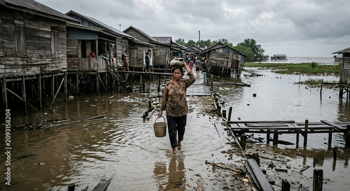 Woman wading through floodwater at stilt house village overcast day