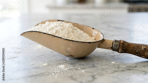 Vintage metal scoop filled with white all-purpose flour on a clean marble kitchen counter, ready for baking