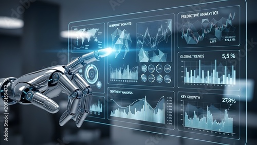 Robotic Hand Interacting with Futuristic Digital Data Display.