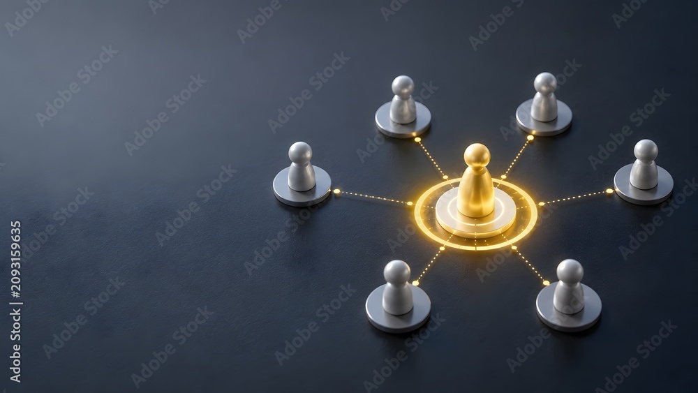 Obraz premium Centralized leadership and corporate networking concept with a glowing golden figure connected to silver team members.
