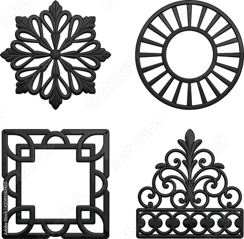 Fotografie Four black and white decorative ironwork featuring floral patterns, circular fra