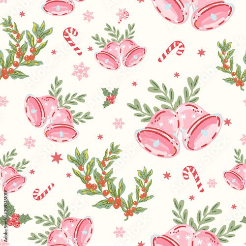 Pink Coquette Christmas Bells Seamless Pattern ,Holly Candy Cane Botanical Illustration ,Christmas Clipart for Wrapping Paper, Fabric, Wallpaper