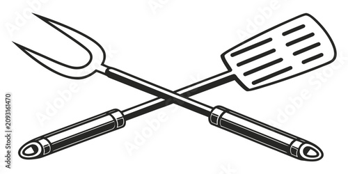 Photos Black silhouette of barbecue fork and spatula on white background, grill tools,