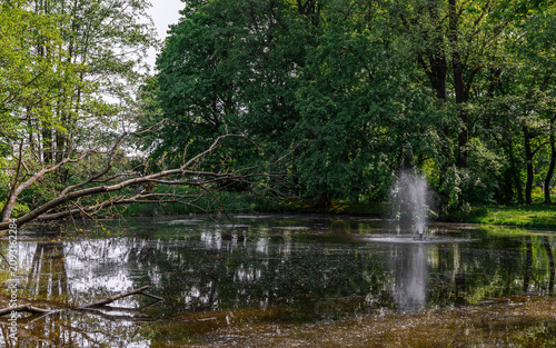 A city park with a small pond and a free-standing fountain floating on the water