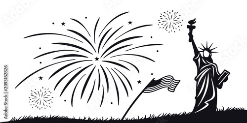 Foto Minimal black silhouette of fireworks explosion with bird and moon burst sparks