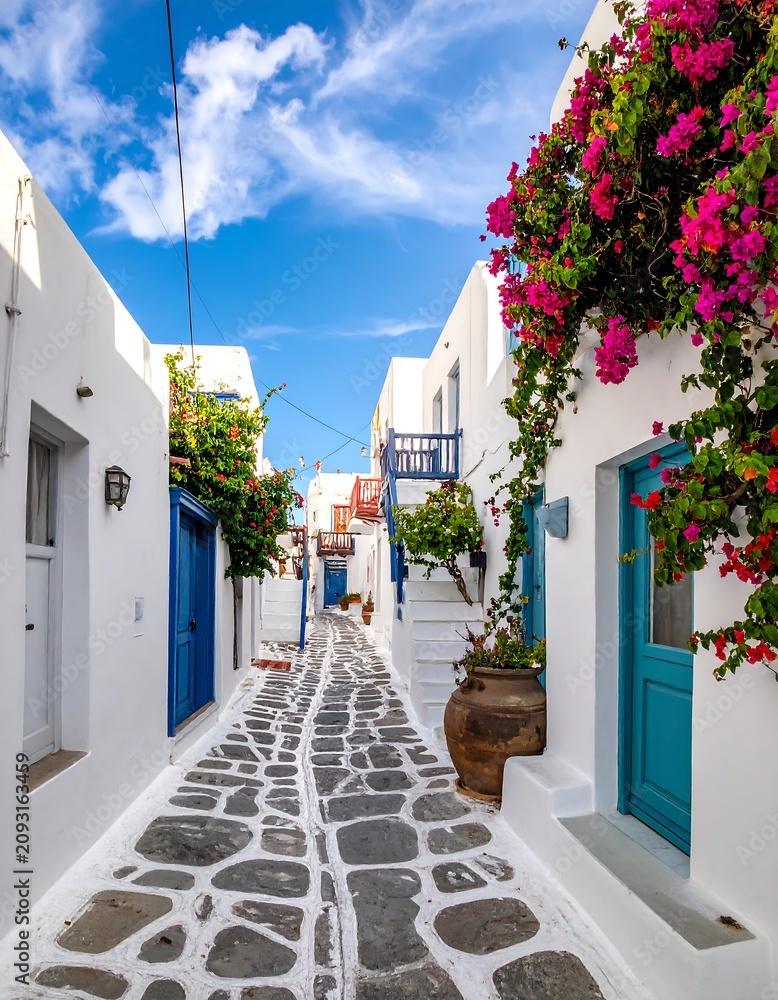 Fototapeta premium Narrow cobblestone street with white buildings and vibrant flowers