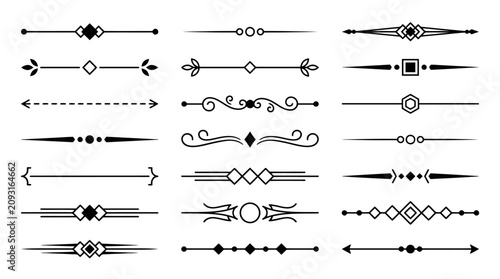 Canvas Print Vintage decorative dividers and ornamental borders set, 21 black vector line flo