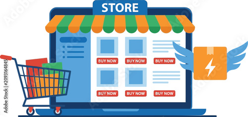 Ecommerce store icon, online shopping laptop, digital retail illustration, colorful storefront