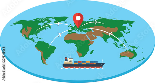 Global Shipping, Logistics Map, World Trade, Container Ship Route