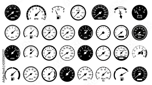 Cuadro en lienzo Automotive dashboard gauge icons set, 32 black and white vector speedometer and
