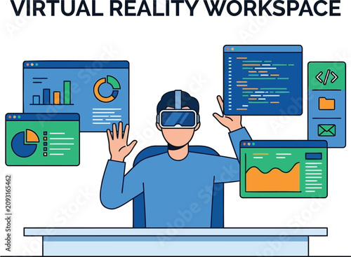 Virtual reality workspace, VR headset, futuristic office, digital dashboard, technology