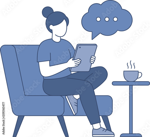 woman using tablet, sitting on chair, chatting, relaxing with coffee, digital communication