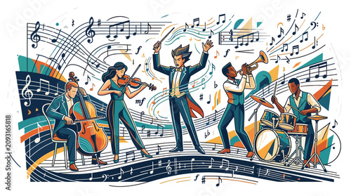 Canvas Print Symphony orchestra musicians performing with conductor vector, classical music b